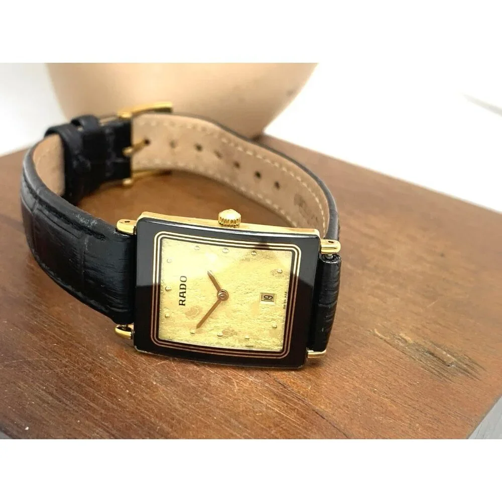 Rado Women's Watch 160.0381.3 Diastar Swiss Quartz Gold Black Leather Tank 24mm